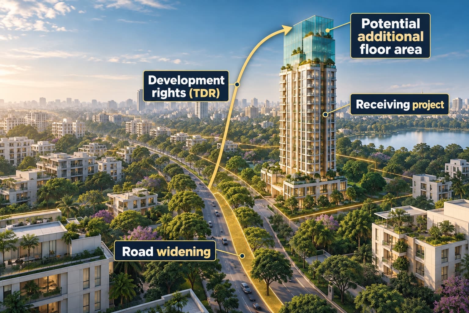 Road widening highlighted in gold connects through development rights (TDR) to a receiving project and potential additional floor area.