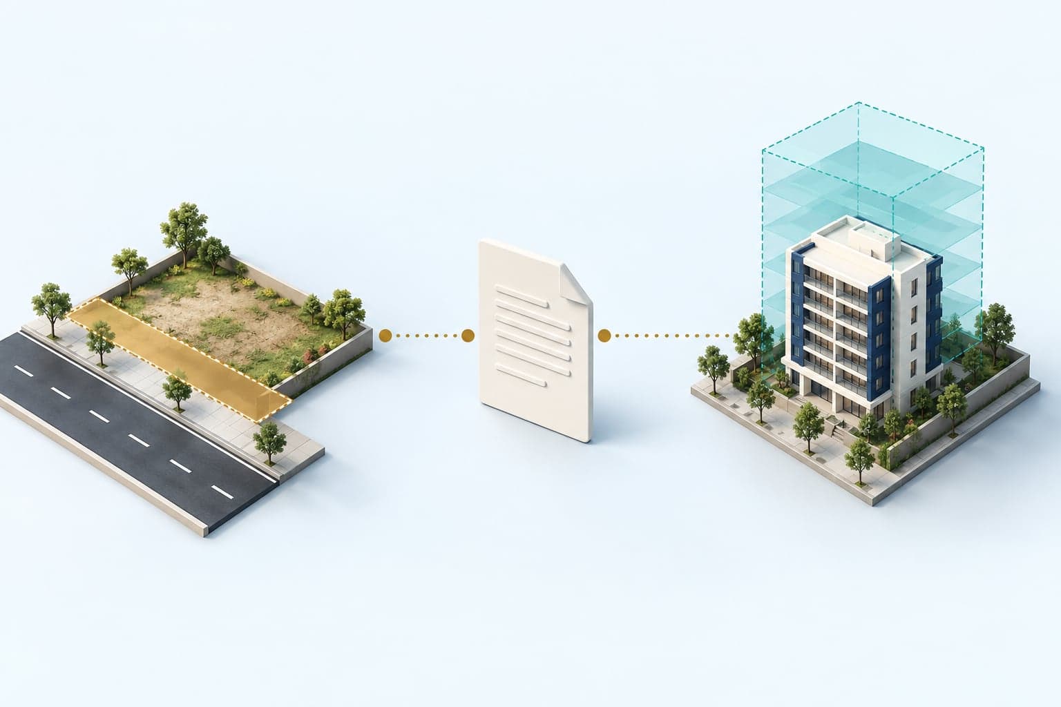 Concept diagram connecting a source land plot beside a road, a development-rights document and a separate receiving-site building.